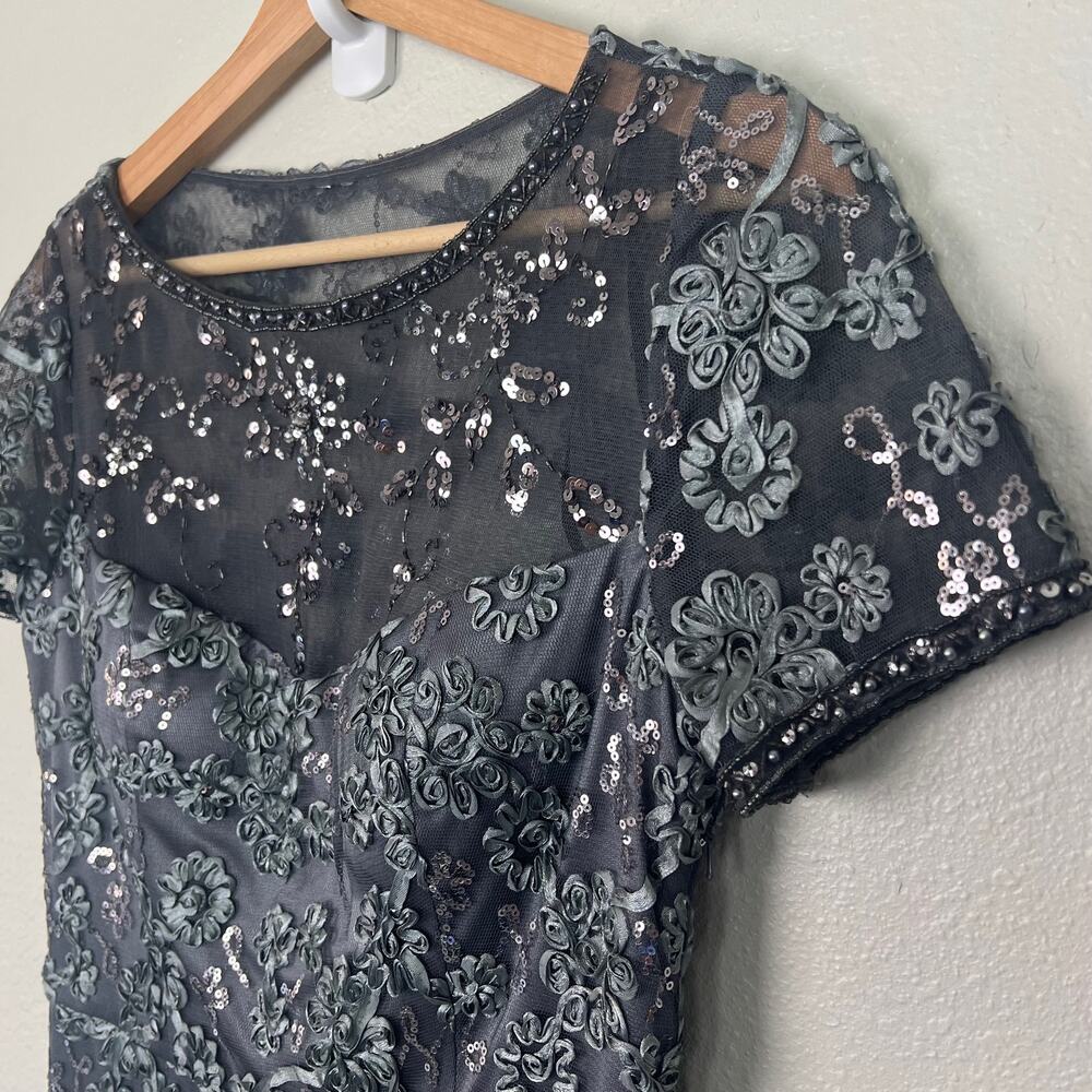 Sue Wong Nocturne Size 8 Short Sleeve Sheath Silver Sequin Cocktail Dress - Picture 5 of 13